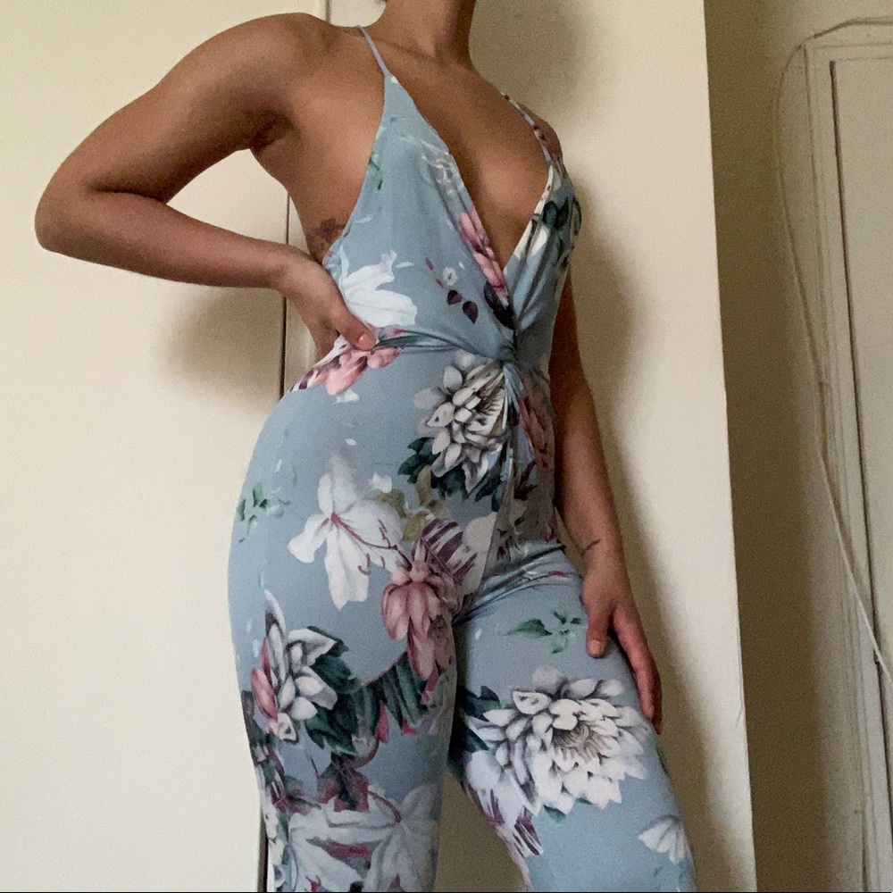 Sky Blue Floral Deep V Jumpsuit
